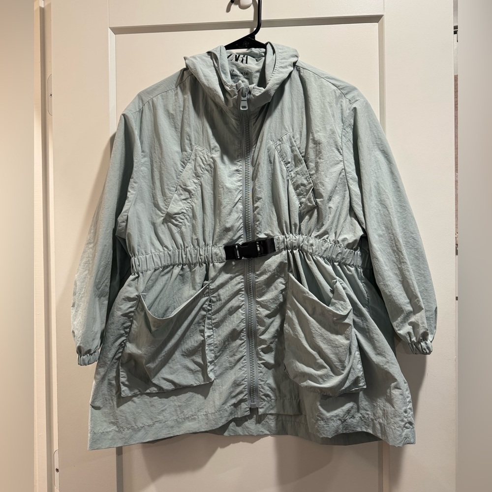 Zara Light Blue Rain/ windbreaker Jacket with Hood Size 9-10